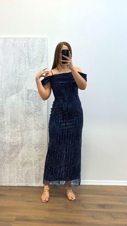 Lacivert İp Askılı İşlemeli Abiye Elbise