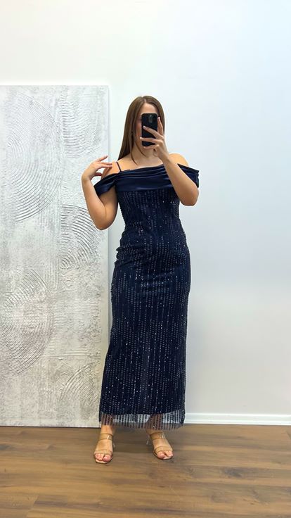 Lacivert İp Askılı İşlemeli Abiye Elbise