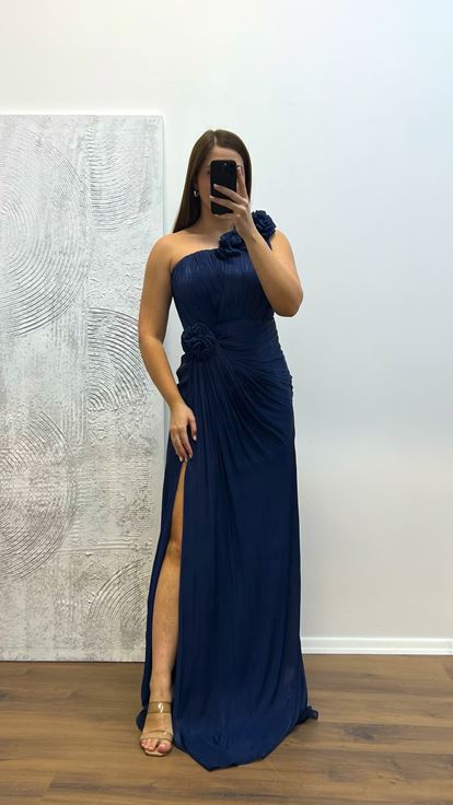 Marineblaues One-Shoulder-Abendkleid mit Blumendetail in Übergröße
