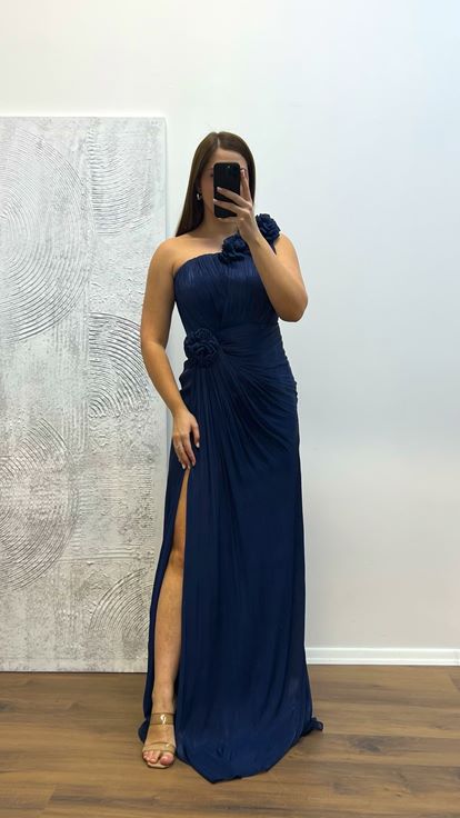 Marineblaues One-Shoulder-Abendkleid mit Blumendetail in Übergröße