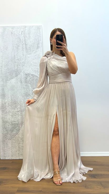 Taş Tek Kol Piliseli Şifon Büyük Beden Abiye Elbise