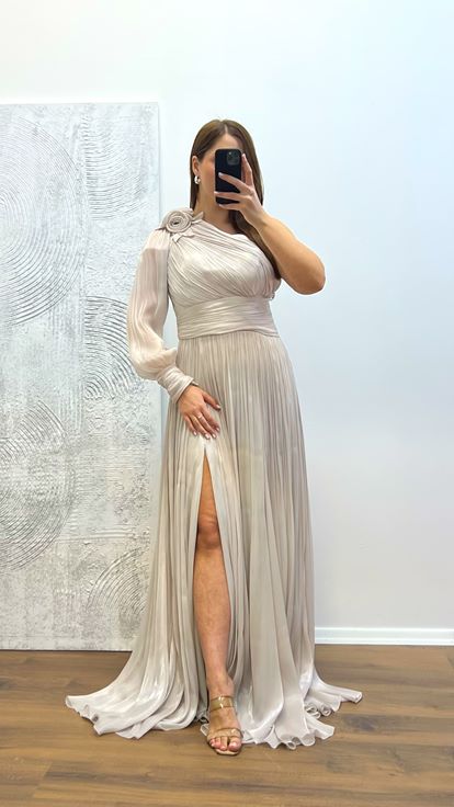 Taş Tek Kol Piliseli Şifon Büyük Beden Abiye Elbise