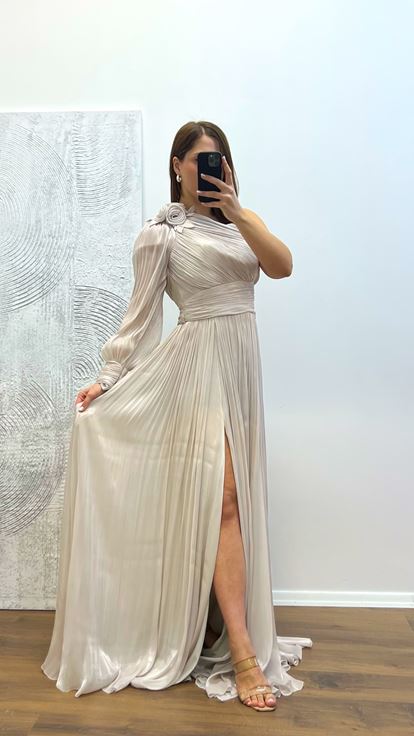 Taş Tek Kol Piliseli Şifon Büyük Beden Abiye Elbise