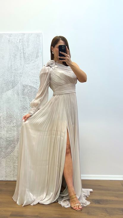 Taş Tek Kol Piliseli Şifon Büyük Beden Abiye Elbise