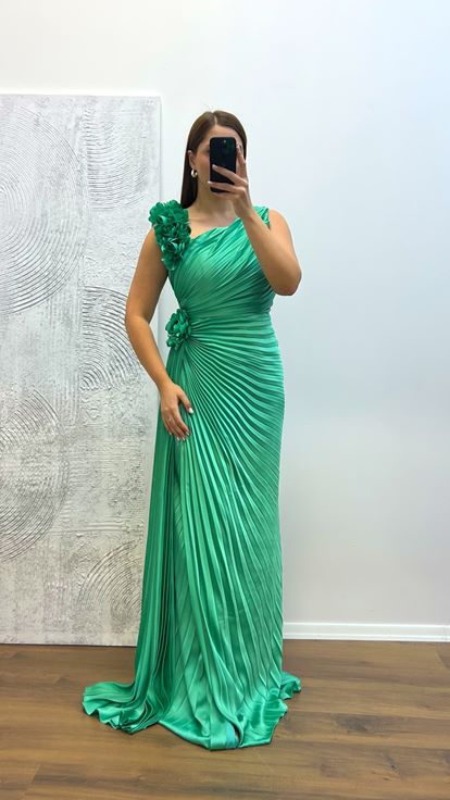 Aqua Green Floral Detail Pleated Plus Size Evening Dress