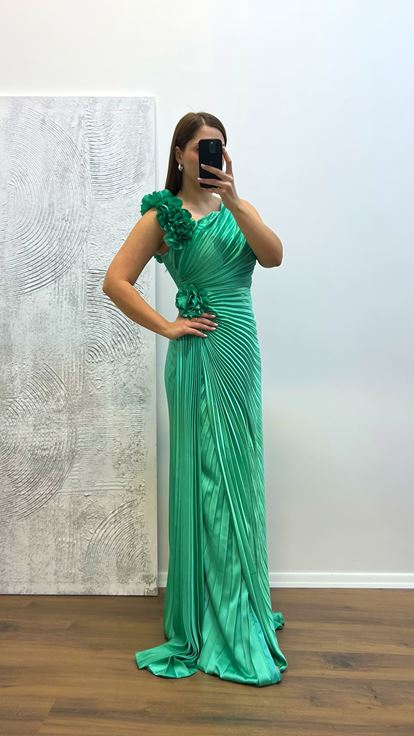 Aqua Green Floral Detail Pleated Plus Size Evening Dress