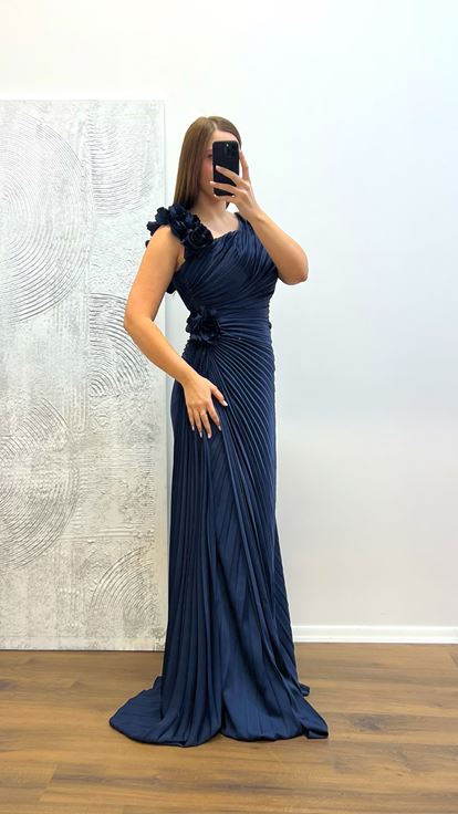 Lacivert Çiçek Detay Piliseli Büyük Beden Abiye Elbise