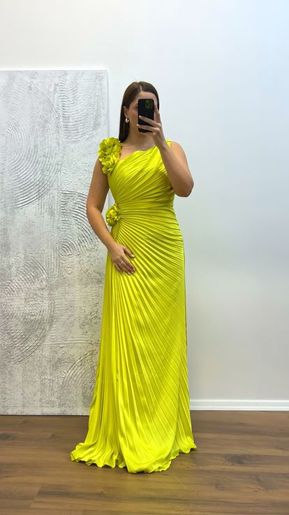 Olive Green Floral Detail Pleated Plus Size Evening Dress