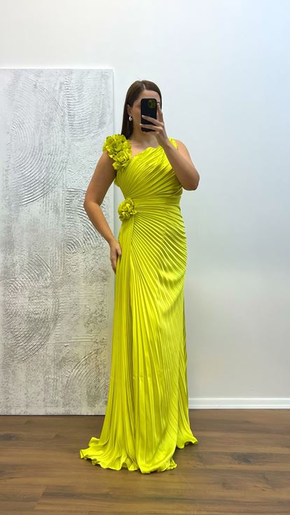 Olive Green Floral Detail Pleated Plus Size Evening Dress