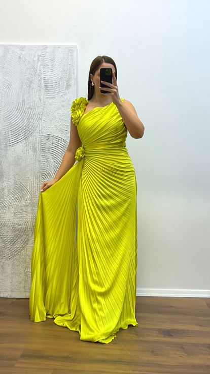 Olive Green Floral Detail Pleated Plus Size Evening Dress