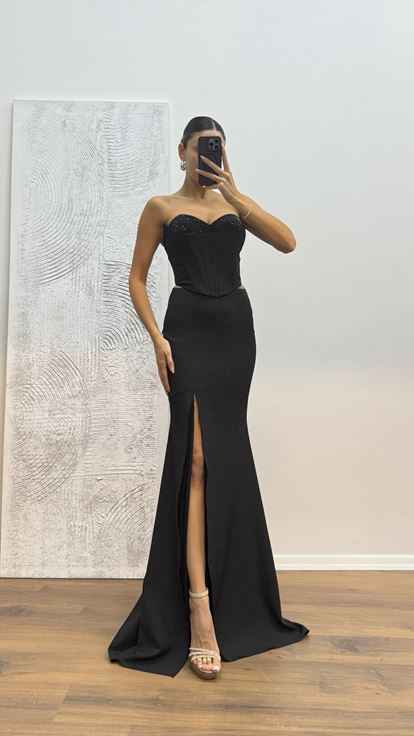 Siyah Etek Bustiyer Takım Abiye Elbise