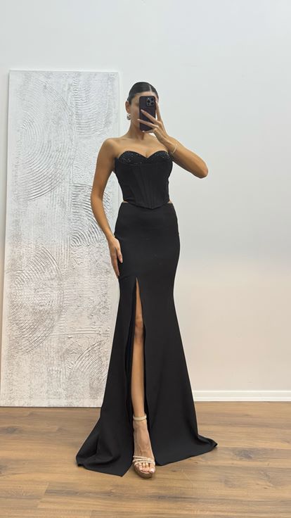 Siyah Etek Bustiyer Takım Abiye Elbise