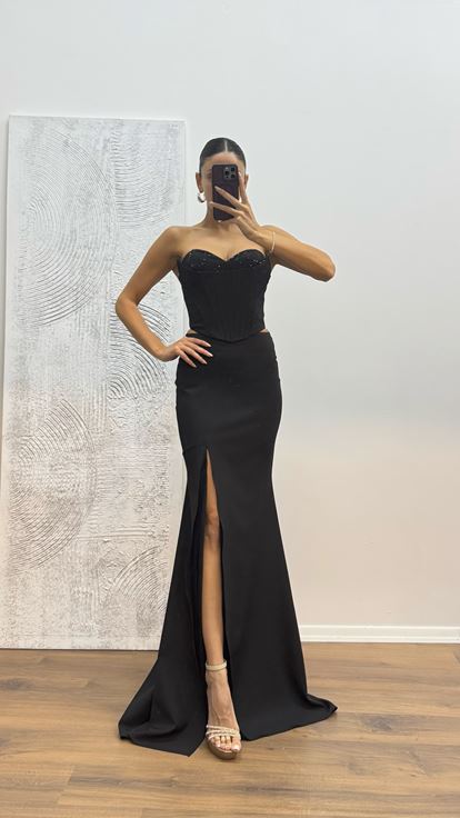 Siyah Etek Bustiyer Takım Abiye Elbise