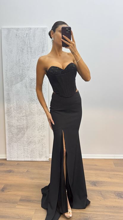 Siyah Etek Bustiyer Takım Abiye Elbise