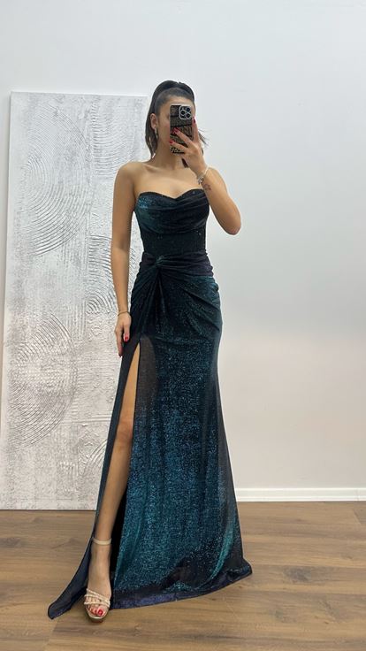 Petrol Strapless Embroidered Evening Dress