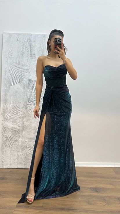 Petrol Strapless Embroidered Evening Dress