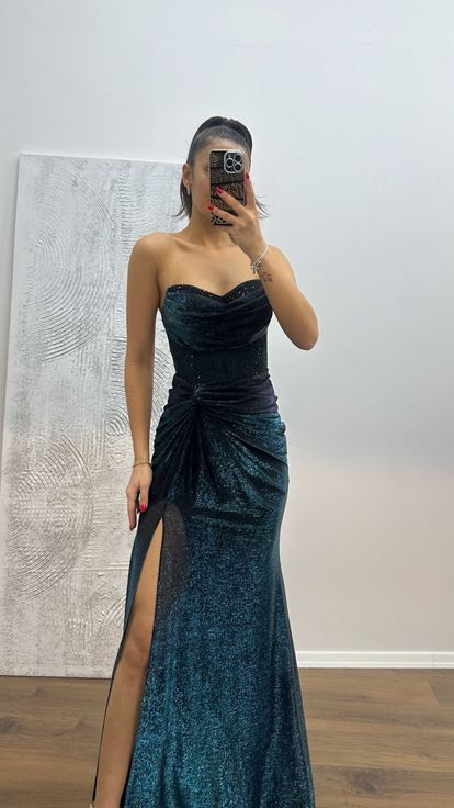 Petrol Strapless Embroidered Evening Dress