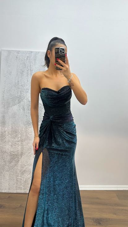 Petrol Strapless Embroidered Evening Dress