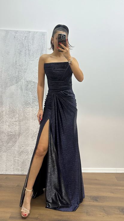 Lacivert Straplez Drapeli Abiye Elbise