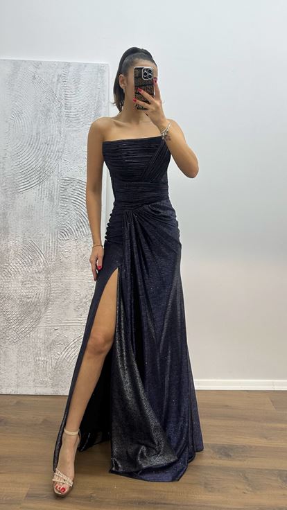 Lacivert Straplez Drapeli Abiye Elbise