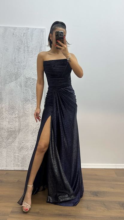 Lacivert Straplez Drapeli Abiye Elbise