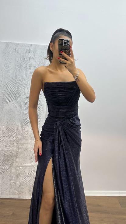 Lacivert Straplez Drapeli Abiye Elbise