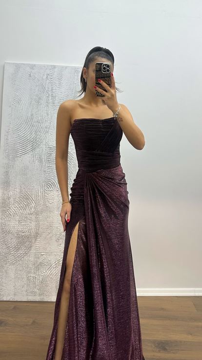 Bordo Straplez Drapeli Abiye Elbise