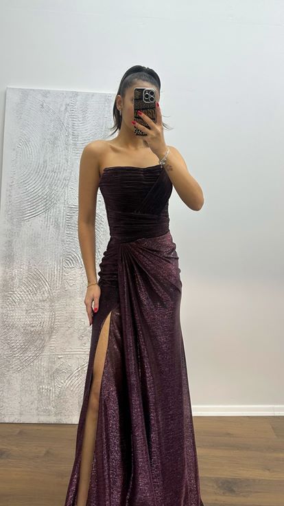 Bordo Straplez Drapeli Abiye Elbise