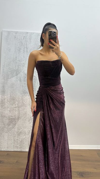 Bordo Straplez Drapeli Abiye Elbise