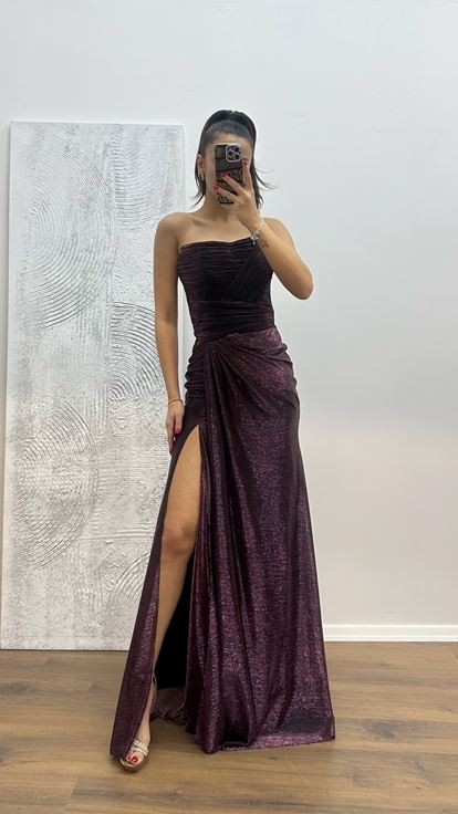 Bordo Straplez Drapeli Abiye Elbise