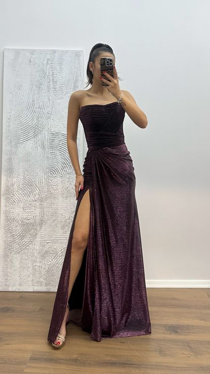 Bordo Straplez Drapeli Abiye Elbise