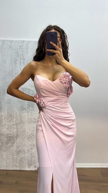 Pudra Straplez Çiçek Detay Abiye Elbise