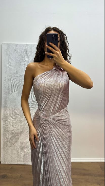 Pembe Tek Omuz Piliseli Abiye Elbise