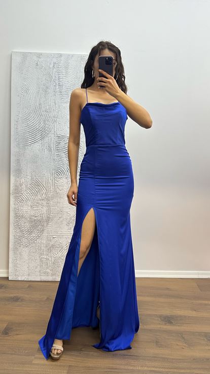 Saks İp Askılı Sırt Detay Abiye Elbise