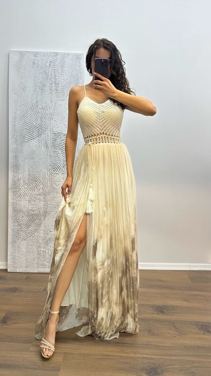 Robe de soirée à bretelles en maille à motif os