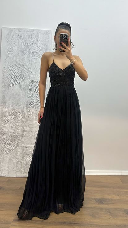 Siyah İp Askılı Örgü Şifon Abiye Elbise