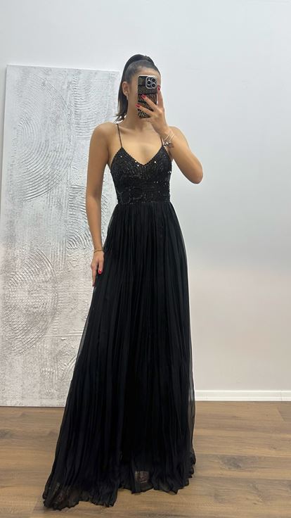 Siyah İp Askılı Örgü Şifon Abiye Elbise