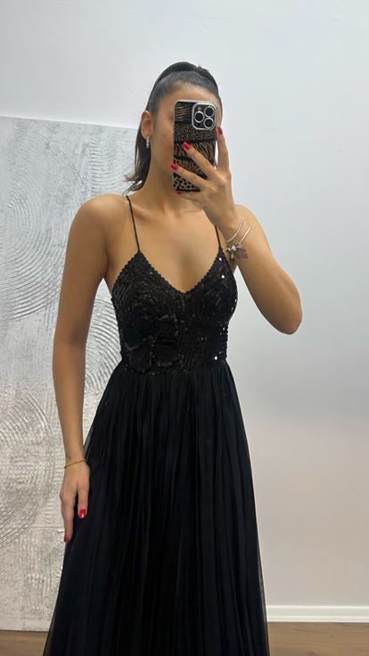 Siyah İp Askılı Örgü Şifon Abiye Elbise