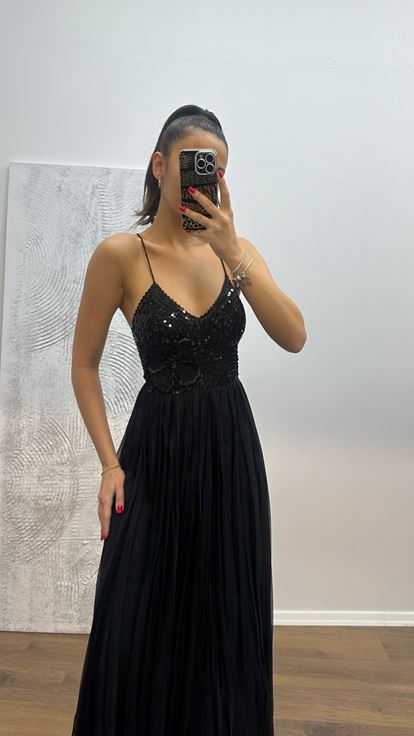 Siyah İp Askılı Örgü Şifon Abiye Elbise