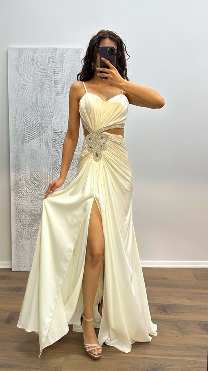 Kemik İşleme Detay Saten Abiye Elbise