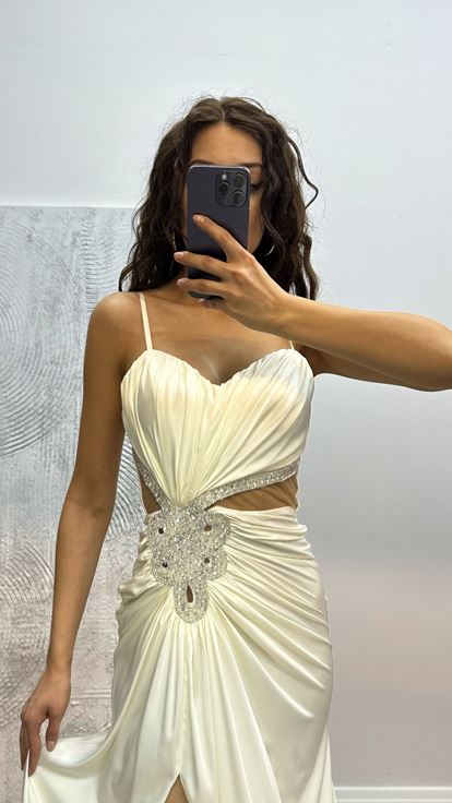 Kemik İşleme Detay Saten Abiye Elbise