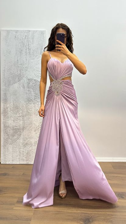 Lila İşleme Detay Saten Abiye Elbise