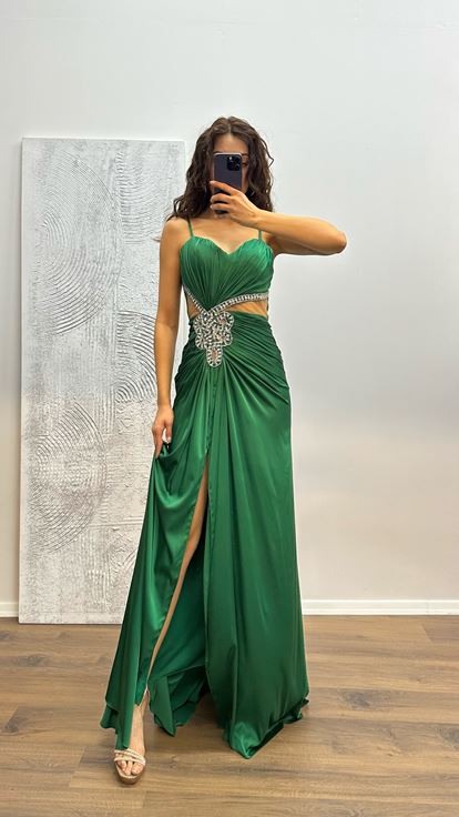 Yeşil İşleme Detay Saten Abiye Elbise