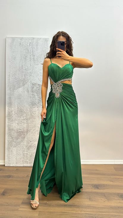 Yeşil İşleme Detay Saten Abiye Elbise