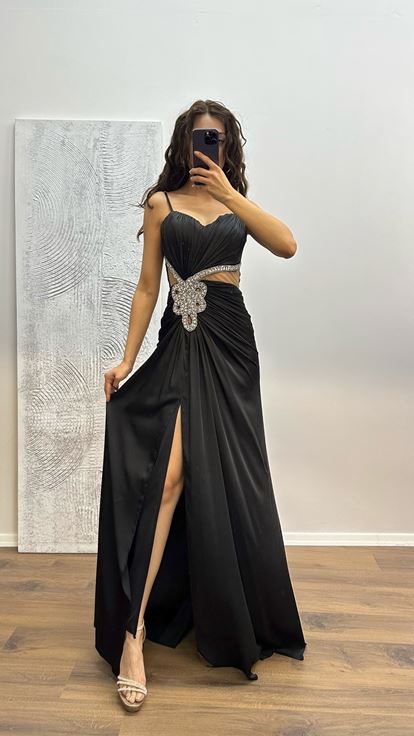 Siyah İşleme Detay Saten Abiye Elbise