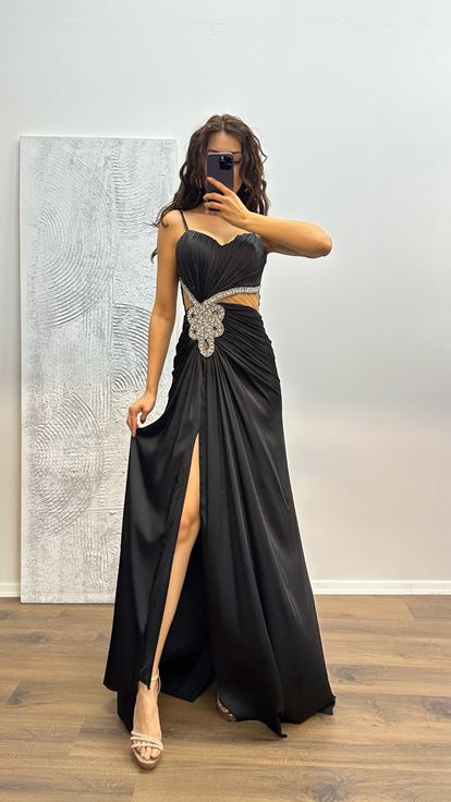 Siyah İşleme Detay Saten Abiye Elbise