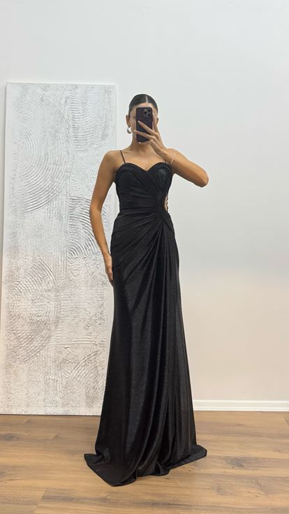 Siyah İp Askılı Abiye Elbise