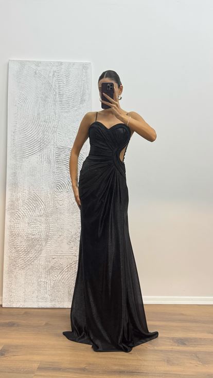 Siyah İp Askılı Abiye Elbise