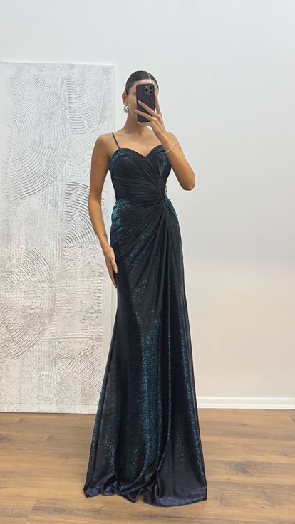 Petrol İp Askılı Abiye Elbise