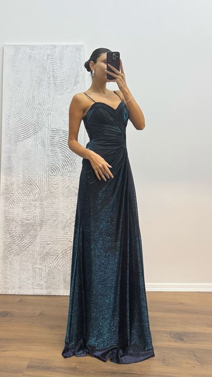 Petrol İp Askılı Abiye Elbise